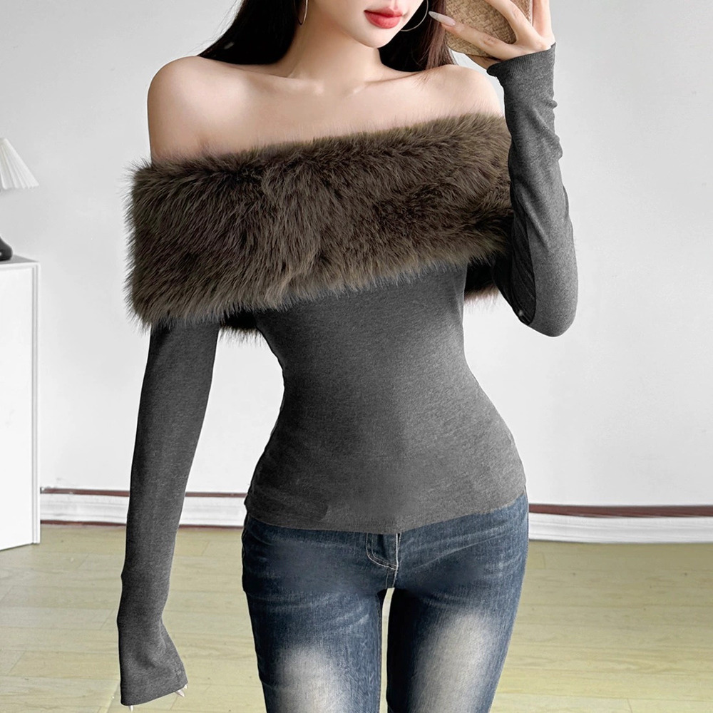 Zara Spring Off Shoulder Faux Fur Collar Long Sleeve Slim Fit Top